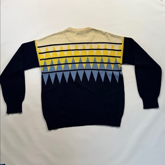 HEAD Geometric Wool Blend Sweater Retro Knit Pullover Navy Yellow Blue Large - Picture 8 of 12